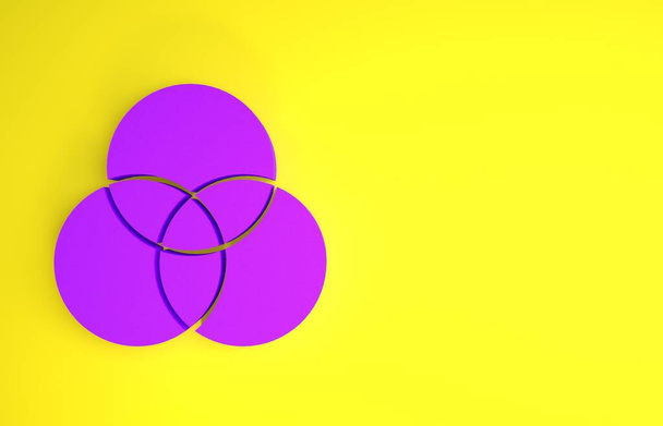 Icono de mezcla de color púrpura RGB y CMYK aislado sobre fondo amarillo. Concepto minimalista. 3D ilustración 3D render - Foto, imagen