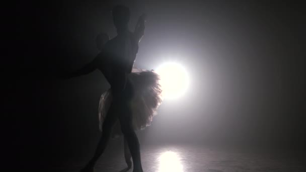 Profi balett pár táncol reflektorfényben füst a nagy színpadon. Gyönyörű fiatal nő és férfi reflektorfényben háttér. Érzelmi duett, koreografikus művészet. Lassú mozgás. 4k - Felvétel, videó