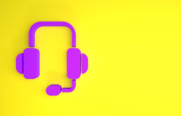 Icono de auriculares púrpura aislado sobre fondo amarillo. Servicio al cliente de soporte, línea directa, centro de llamadas, preguntas frecuentes, mantenimiento. Concepto minimalista. 3D ilustración 3D render
 - Foto, Imagen