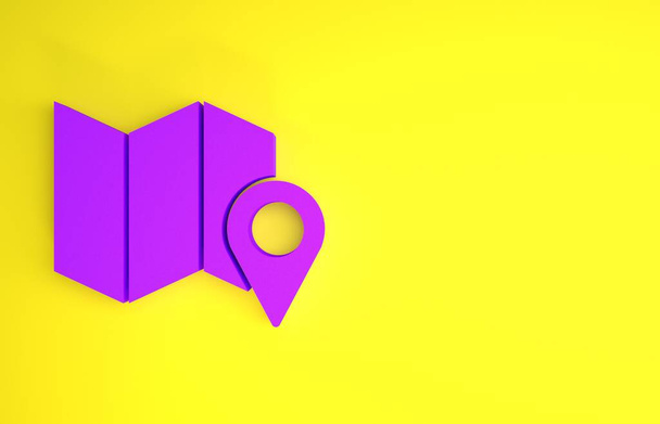 Purple Folded map with location marker icon isolated on yellow background. Minimalism concept. 3d illustration 3D render - Photo, Image