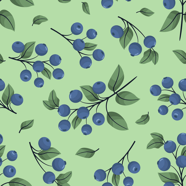 Blueberry seamless pattern; blueberry twigs on green background for fabric, wallpaper, wrapping paper, textile, packaging, web design. - Vetor, Imagem