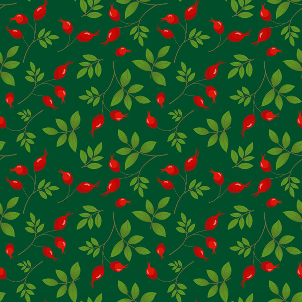Vector seamless pattern with rose hip on green background; natural design for fabric, wallpaper, wrapping paper, textile, packaging, web design. - Vector, Imagen