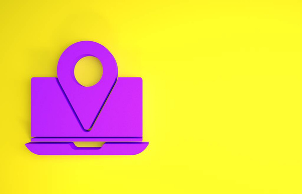 Ordenador portátil púrpura con icono de marcador de ubicación aislado sobre fondo amarillo. Concepto minimalista. 3D ilustración 3D render
 - Foto, imagen