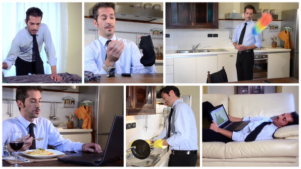 Homme d'affaires célibataire à la maison, collage
 - Séquence, vidéo