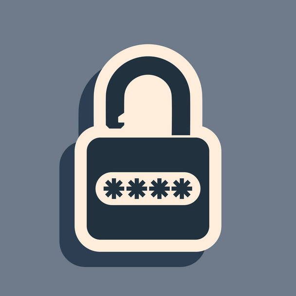 Fekete Jelszó védelem és biztonsági hozzáférés ikon elszigetelt szürke háttér. Rögzítsd az ikont. Biztonság, biztonság, védelem, adatvédelem. Hosszú árnyék stílus. Vektorillusztráció - Vektor, kép