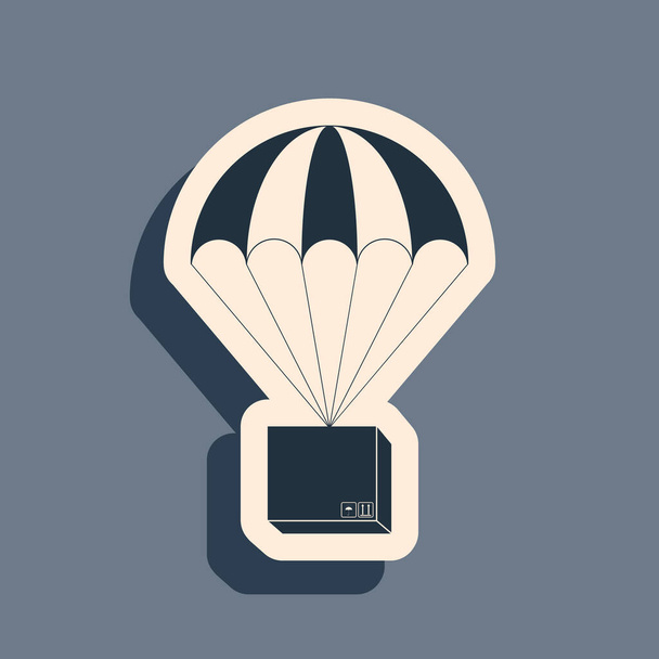 Black Box flying on parachute icon isolated on grey background. Parcel with parachute for shipping. Delivery service, air shipping concept, bonus concept. Long shadow style. Vector Illustration - Vector, Image