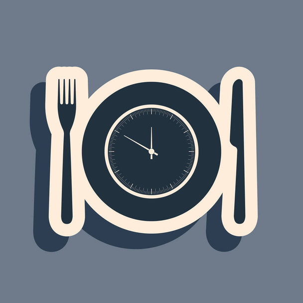 Placa negra con reloj, tenedor e icono de cuchillo aislado sobre fondo gris. Hora del almuerzo. Alimentación, régimen nutricional, tiempo de comida y concepto de dieta. Estilo de sombra larga. Ilustración vectorial
 - Vector, Imagen