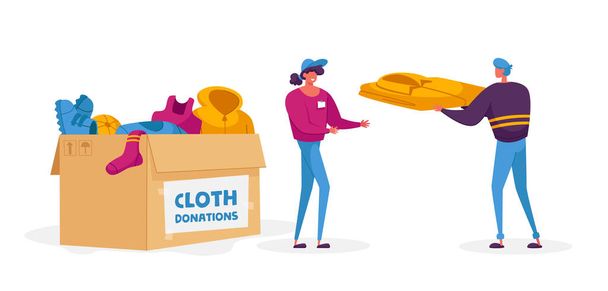 ストリートで暮らす乞食のための服を集める慈善団体の制服に身を包んだ優しい女性ボランティアキャラクター。女の子は寄付されたドレッシングでボックスを埋める.漫画人ベクトルイラスト - ベクター画像