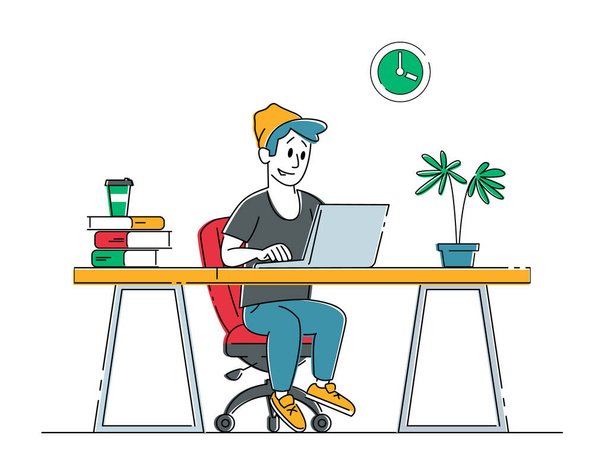 Remote Freelance Work Concept. Man Freelancer Sitting in Comfortable Armchair Working Distant on Laptop. Creative Employee Programmer or Designer Character Work at Home. Linear Vector Illustration - Vector, Image