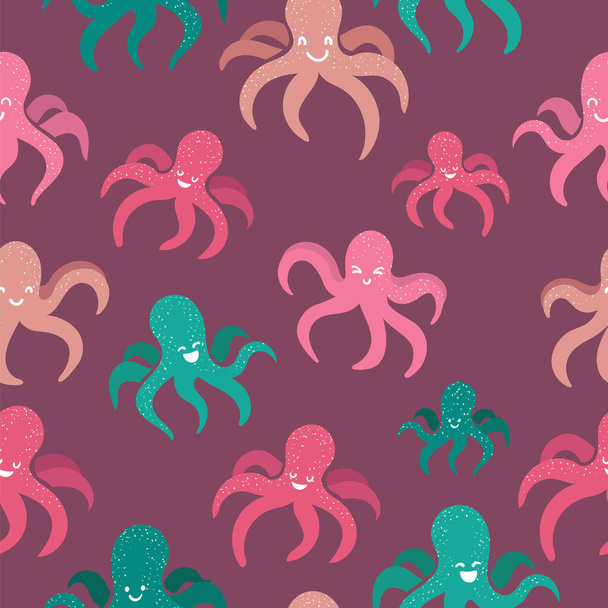 Octopus cute seamless pattern in kids style. Set with sea underwater smiling animals different colors - green, pink, beige on dark violet background. Childish palette. happy marine creatures swimming. - Вектор, зображення