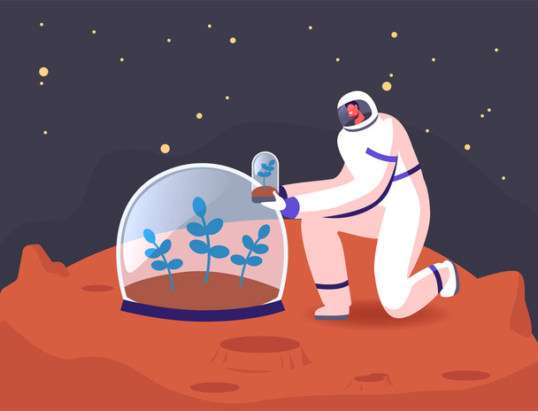 Mužský astronaut postava v kosmickém obleku výsadba zelené klíčky k půdě pod skleněnou kupolí na povrchu červené planety. Kolonizace Marsu, Vesmír, Koncept vesmírného průzkumu. Cartoon Vector Illustration - Vektor, obrázek