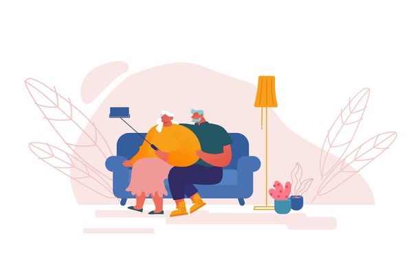Senior People and Smart Devices Concept. Aged Couple Characters Making Selfie Sitting on Couch. Elderly Man and Woman Have Fun Together Photographing on Mobile Phone. Cartoon Vector Illustration - Wektor, obraz