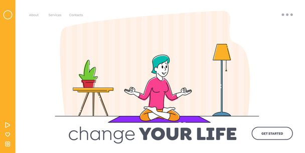 Yoga Class Practice, Healthy Lifestyle Landing Page Template. Junge Frau meditiert zu Hause in Lotus-Haltung. Entspannung und emotionales Gleichgewicht, Harmonie. Lineare Vektorillustration - Vektor, Bild