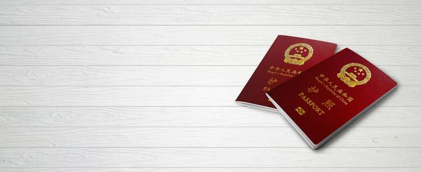 Pasaportes Chinos en Líneas de Madera Banner de Fondo con Espacio de Copia - Ilustración 3D
 - Foto, Imagen