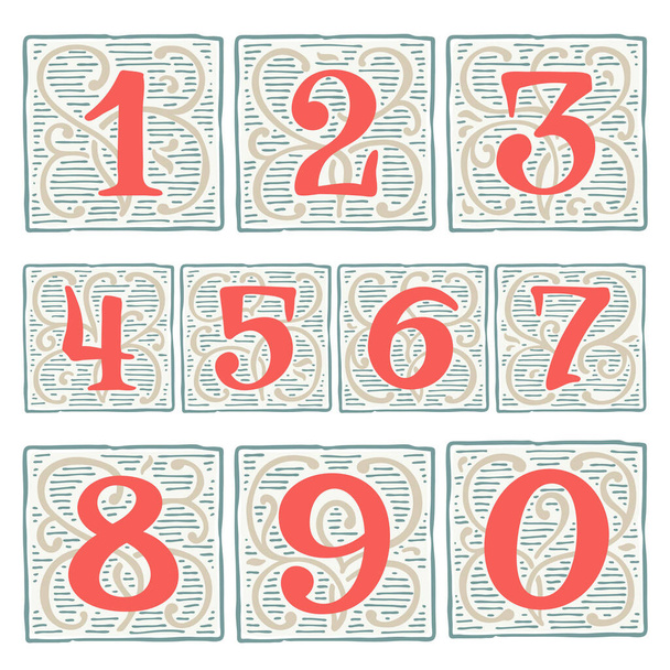 Renaissance numbers set with line pattern. Vintage vector typeface perfect for premium design labels, medieval print, antique posters, etc. - Vector, Image