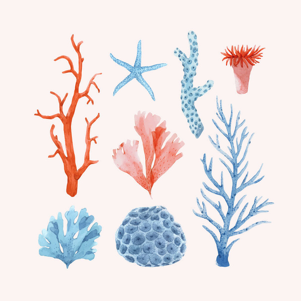Beautiful vector set with underwater watercolor sea life stock illustrations. - Вектор, зображення