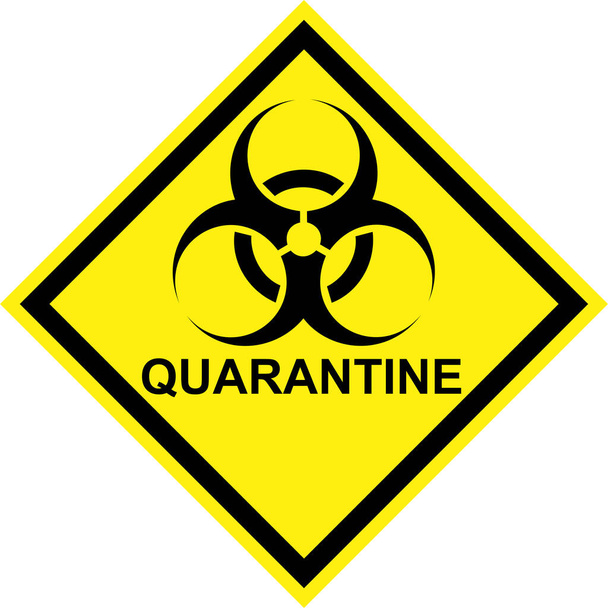 Sinal de perigo amarelo com símbolo de risco biológico e texto QUARANTINE
 - Foto, Imagem