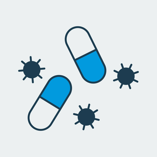 Vector icono colorido de una píldora médica rodeada por una bacteria virus peligrosa. Representa un concepto de protección médica y seguridad sanitaria
 - Vector, Imagen