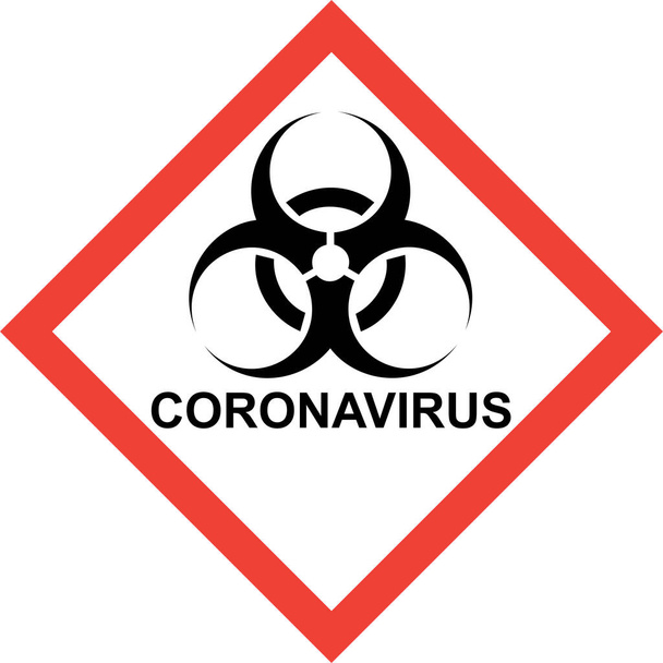 Красный знак опасности с символом биологической опасности и текстом CORONAVIRUS
 - Фото, изображение