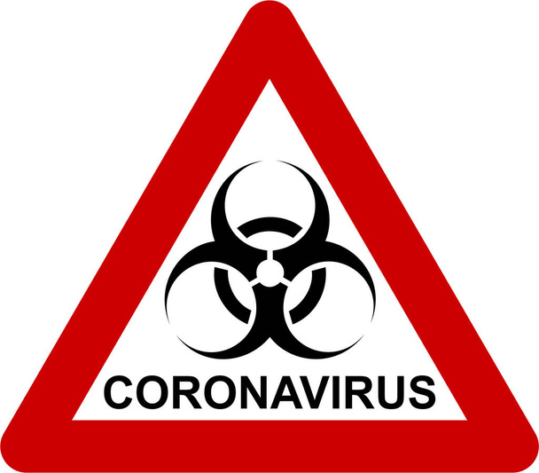 Предупреждающий знак с символом биологической опасности и текстом CORONAVIRUS
 - Фото, изображение