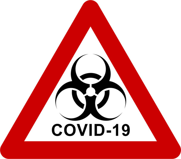 Panneau d'avertissement avec symbole de danger biologique et texte COVID-19
 - Photo, image