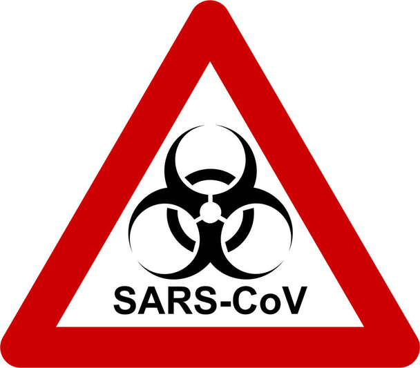 Panneau d'avertissement avec symbole de danger biologique et texte du CoV-SRAS
 - Photo, image