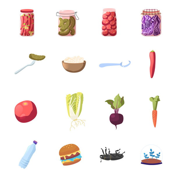 Sada ikon, karikatura Red Hot Chili Pepper, marinované okurky a fermentované potraviny. Rajčata, zelí a sůl v konzervách lžíce řepy salátové, mrkev, zeleninová voda a hamburger. Vektorová ilustrace - Vektor, obrázek