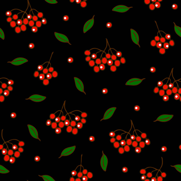Naadloze vector patroon met rode bessen op zwarte achtergrond. Eenvoudige Rowan berry wallpaper ontwerp. Ideaal voor mode, stof, woondecoratie. - Vector, afbeelding