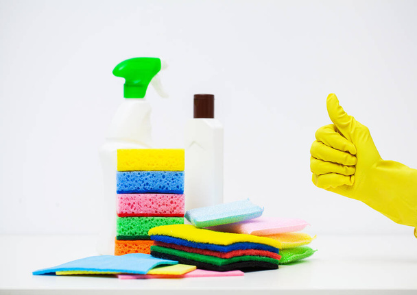 Product for professional cleaning on white wall background - Foto, Imagen
