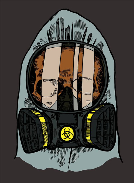 Skull in the gas mask and biohazard protective suit hood. Covid-19 vector illustration - Vektör, Görsel