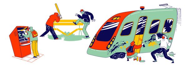Vandalism and Anger Concept. Teenagers Characters Graffiti Painting on Metro Train, Breaking Bench in Park with Baseball Bat, Paint with Spray on Atm, Teen Violence. Linear People Vector Illustration - Vector, Image