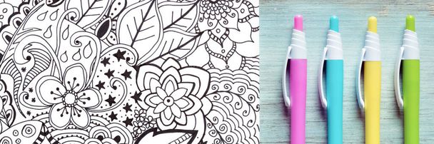 Adult coloring book, stress relieving trend. Art therapy, mental health, creativity and mindfulness concept. Flat lay web banner, panoramic close up shot. - Foto, imagen