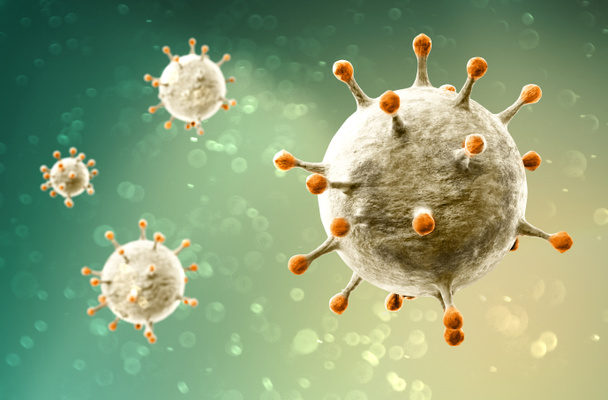Microscopisch zicht op het Coronavirus, een ziekteverwekker die de luchtwegen aanvalt. Covid-19. Analyse en test, experimenteren. Sars. 3d renderen - Foto, afbeelding