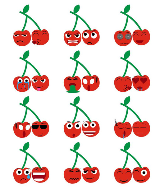 couple cherry fruit cartoon emoticon emoji icon ekspression vector set - Vector, Image