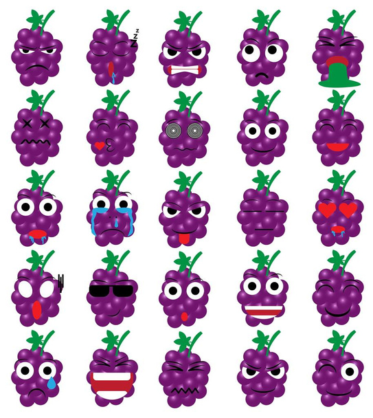 fruta de la uva de dibujos animados emoticono emoji icono ekspression vector set
 - Vector, imagen
