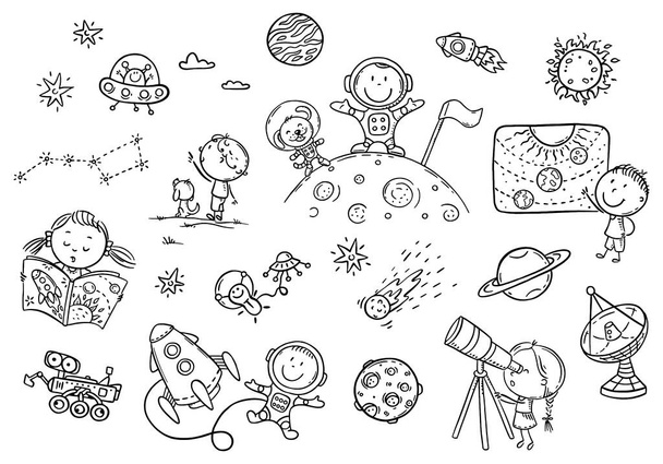 Cartoon χώρο και αστροναύτες που, χρωματισμός σελίδα για τα παιδιά - Διάνυσμα, εικόνα