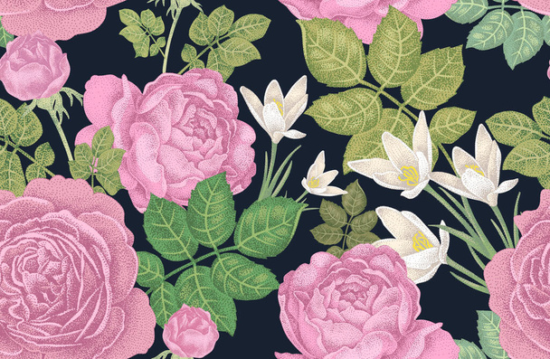 Vintage patrón sin costura vector. Ilustración con rosas y flores de primavera sobre fondo negro. Diseño floral
.  - Vector, Imagen