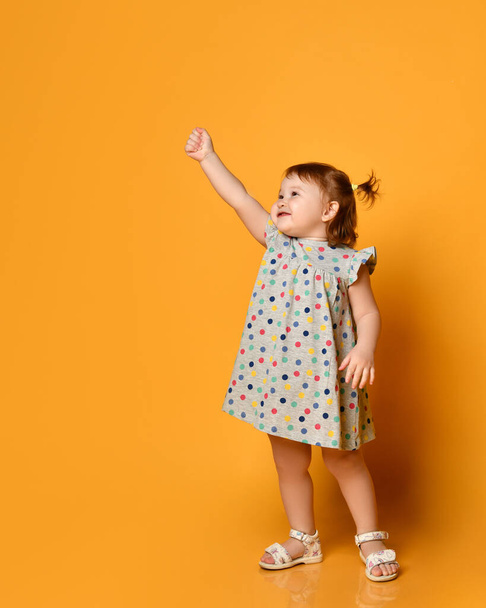 Baby girl in gray polka dot dress, white sandals. Child is reaching her chubby hands to someone, posing on orange background - Foto, Bild