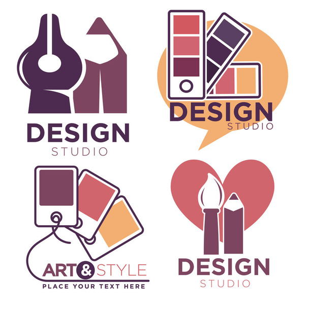 Tervezési és művészeti stúdió logotípusok és címkék gyűjteménye, egyszerű logók elszigetelt készlete. Ceruzák és ecsetek, színpaletta szimbólumok művészi cégek és ügynökségek számára. Kreatív vektor lapos stílusban - Vektor, kép