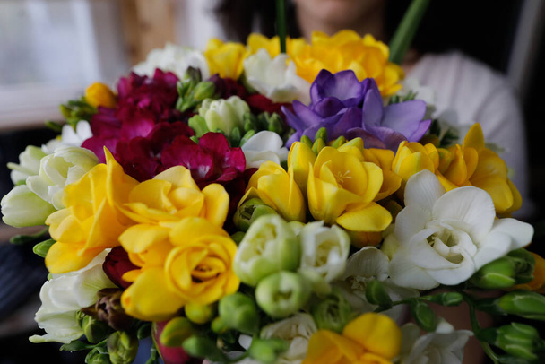 フィールドイメージの浅い深さ(選択的焦点)フリージアの新鮮な花束を保持する女性と. - 写真・画像