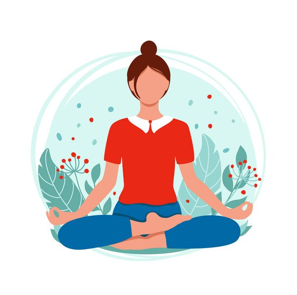 Jonge vrouw mediterend en zittend in lotus op de natuurlijke achtergrond. Concept illustratie voor yoga, meditatie, ontspanning en gezonde levensstijl. Vector illustratie in platte stijl. - Vector, afbeelding