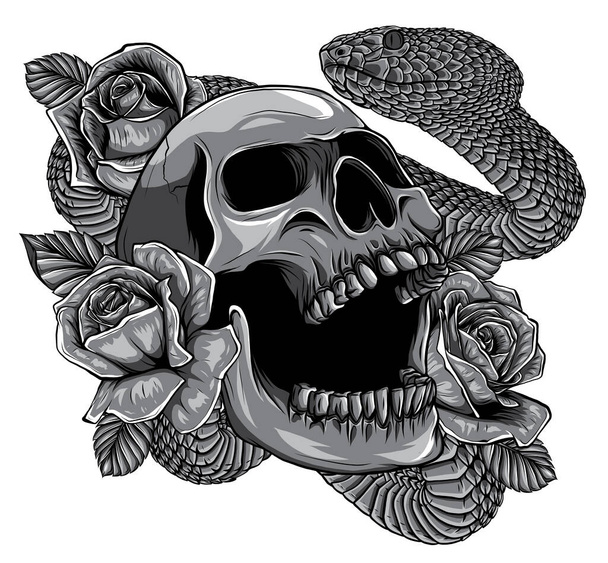 単色スカルともに蛇と5バラタトゥーベクトル - ベクター画像