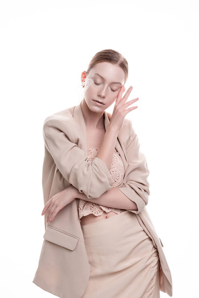 Woman having headache migraine, nervous breakdown stress depression. white background. copy space. - Photo, image