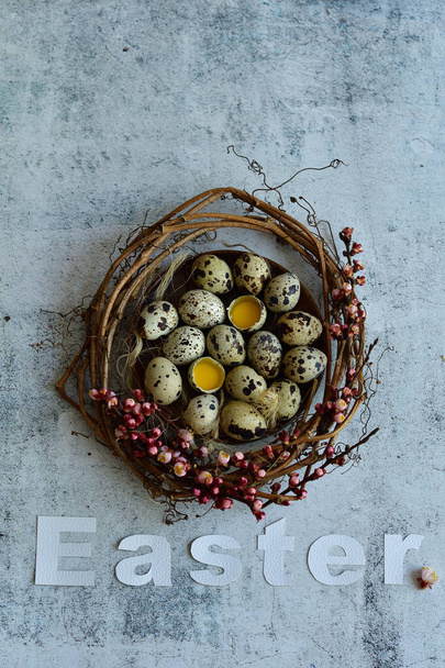 Üzüm dallarının Paskalya çelengi, kayısı çiçekleri, bıldırcın tüyleri ve çimento kaplı yumurtalar. Tebrik mesajı için alanı kopyala, Mutlu Paskalyalar kartı, üst görünüm... seçici odaklanma - Fotoğraf, Görsel