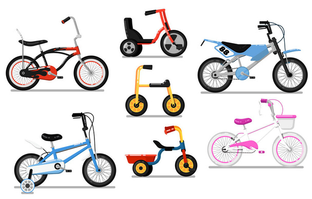 Different types kids bicycle isolated vector set - Vecteur, image