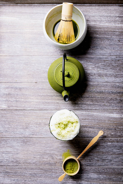 Peparation of Matcha tea: various matcha tea utensils over a grey wooden background. Top View. Copy Space - Photo, Image