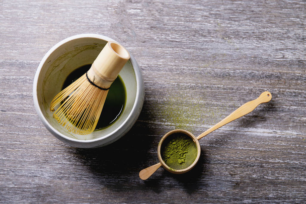 Peparation of Matcha tea: various matcha tea utensils over a grey wooden background. Top View. Copy Space - Photo, Image