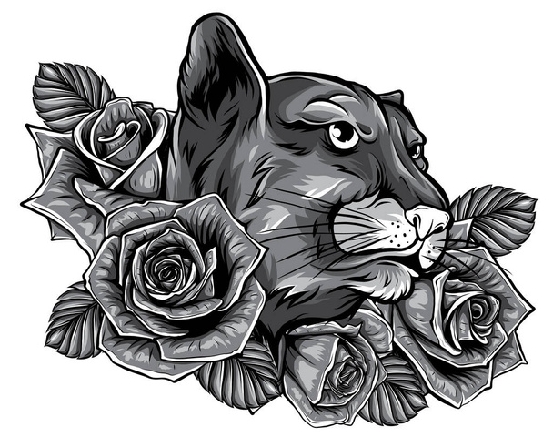 Pantera monochromatyczne róże tatuaż graficzny wektor ilustracja - Wektor, obraz