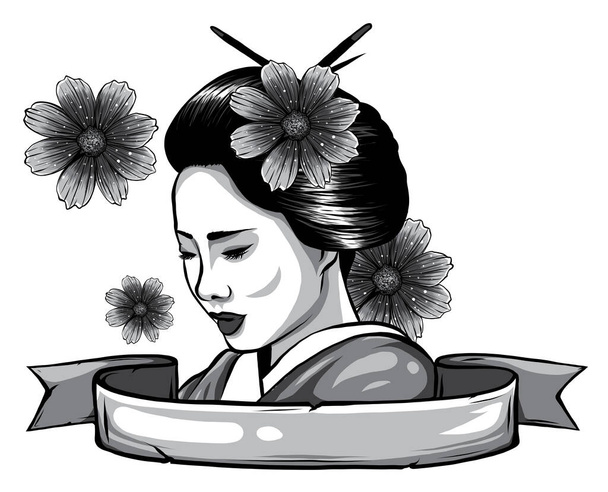 monochromatic face of a geisha drawn like a comic - Vector, Image