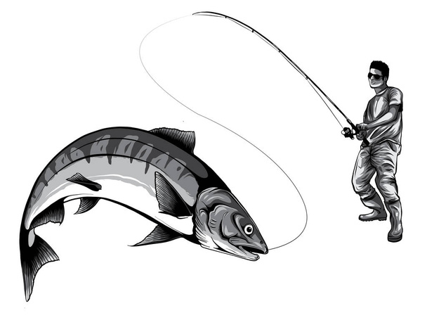 monochromatic Fishing design for vector. A fisherman catches a boat on a wave. - Vector, Image